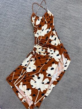 Monse Ruched Floral Slip Dress in Rust and Ivory with cinch hip and high slit